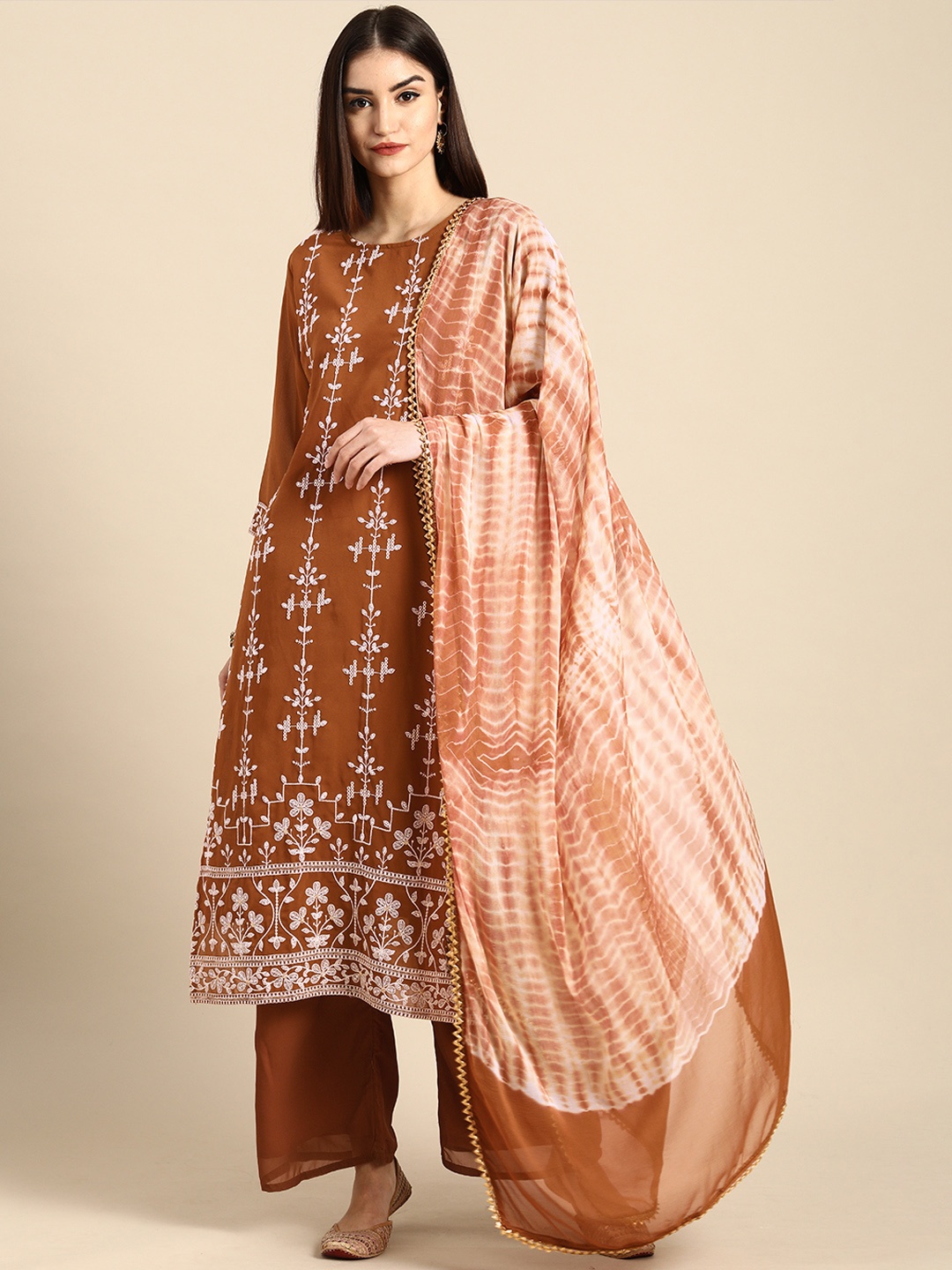 

Anouk Women Brown Ethnic Motifs Embroidered Regular Kurta with Palazzos & With Dupatta