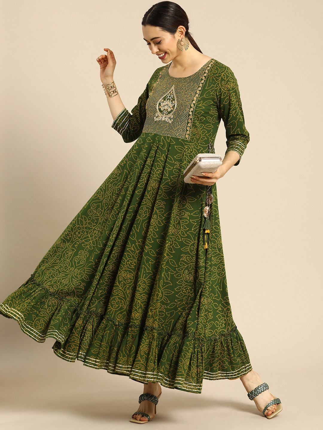 

Anouk Women Green Bandhani Pure Cotton Thread Work Indie Prints Anarkali Kurta
