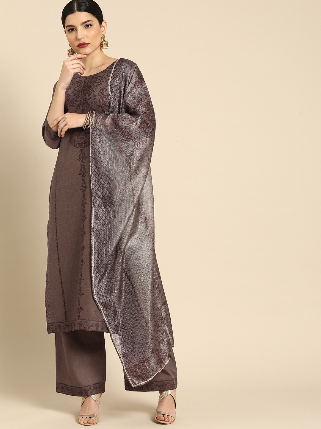 

Anouk Women Brown Tribal Printed Regular Gotta Patti Kurta with Palazzos & Dupatta