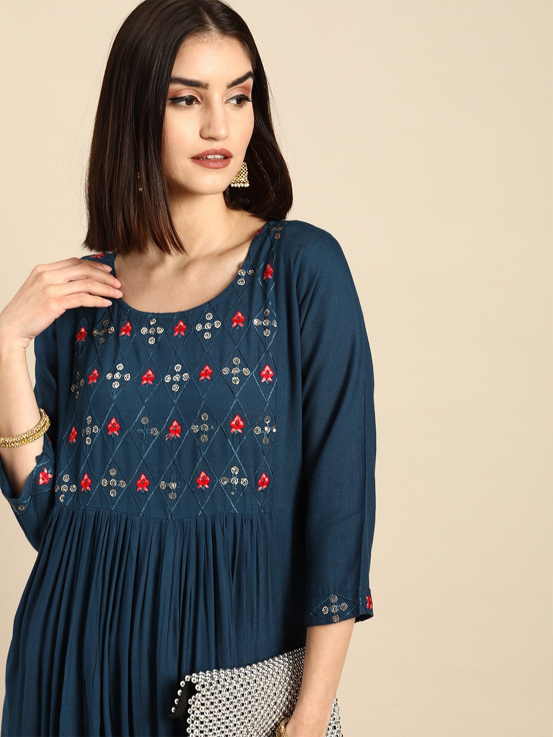 

Anouk Women Blue Ethnic Motifs Embroidered Kurta