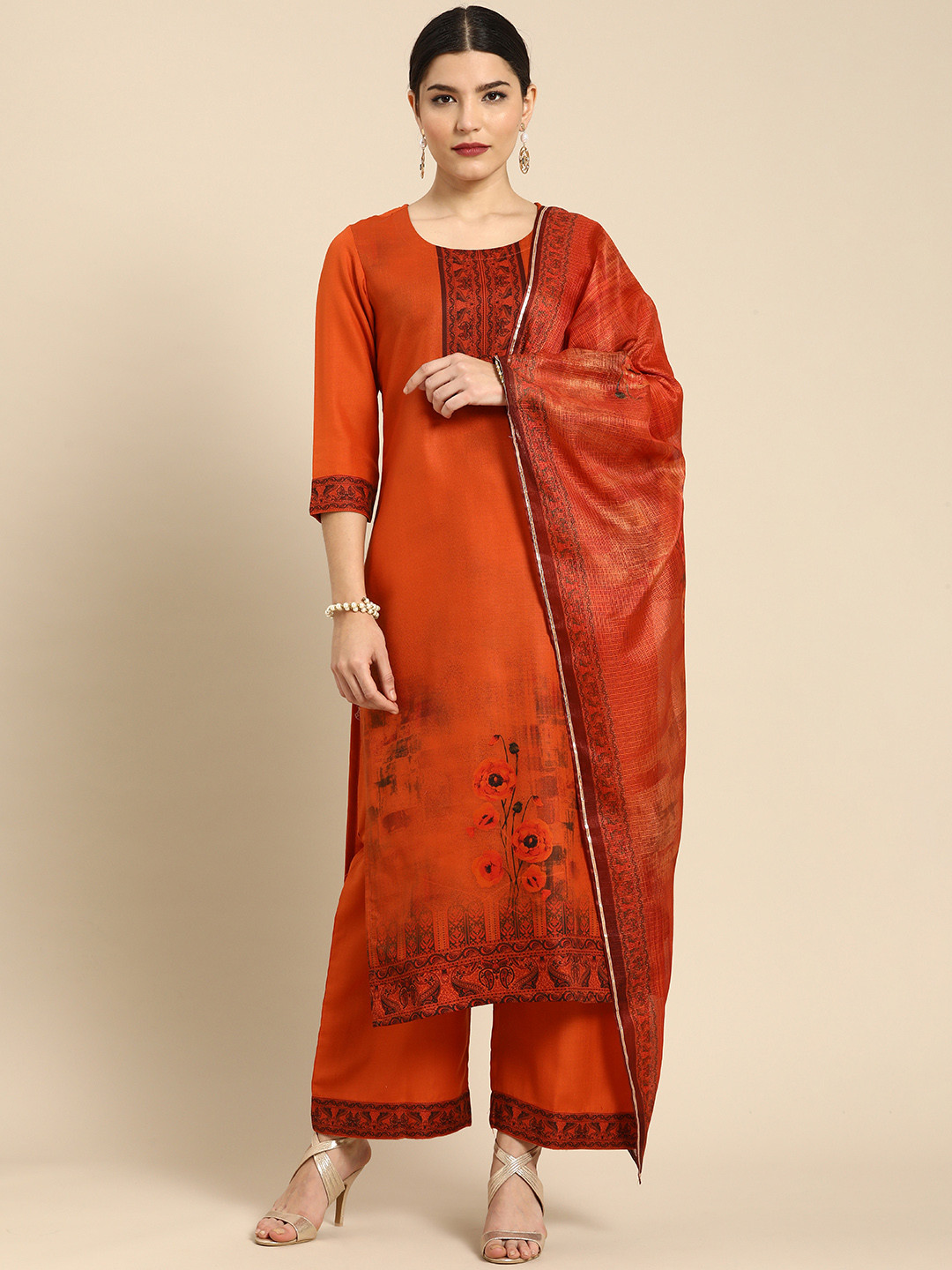 

Anouk Women Orange Floral Printed Regular Gotta Patti Kurta with Palazzos & Dupatta