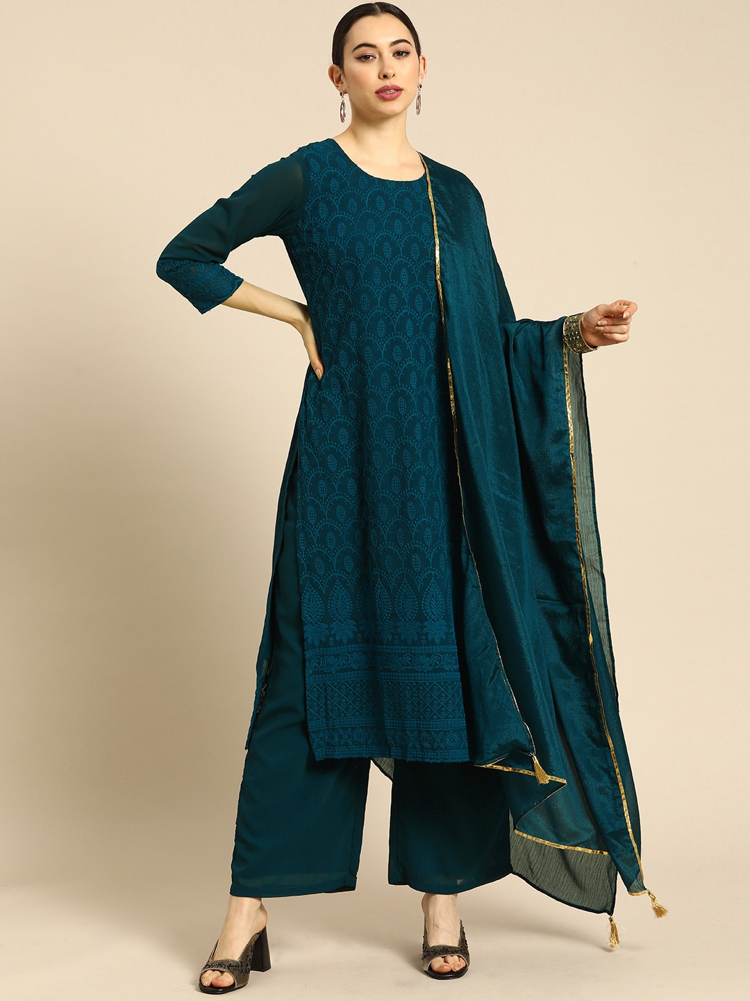 

Anouk Women Teal Ethnic Motifs Embroidered Regular Kurta with Palazzos & With Dupatta