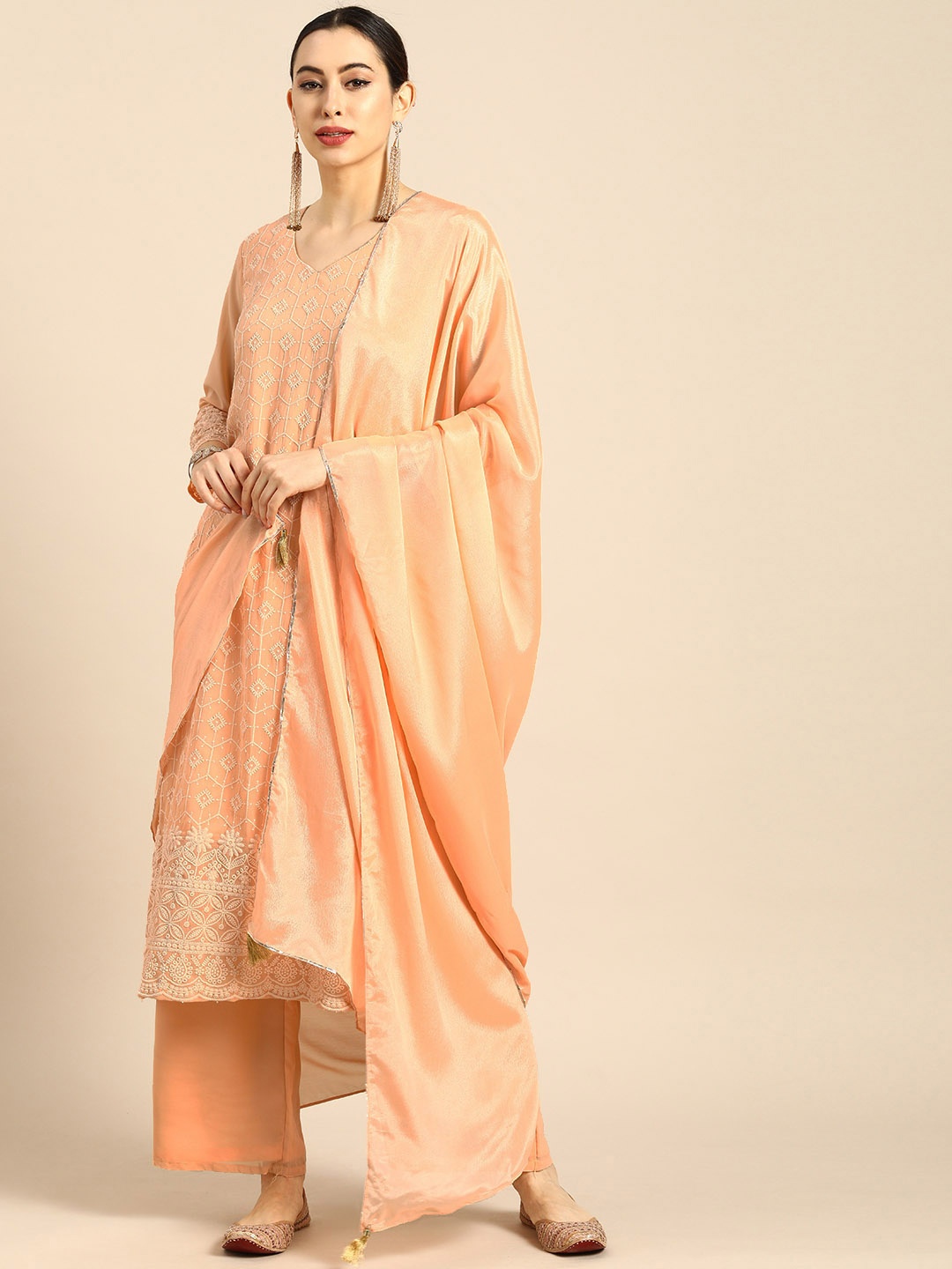 

Anouk Women Peach-Coloured Embroidered Chikankari Kurta with Palazzos & With Dupatta