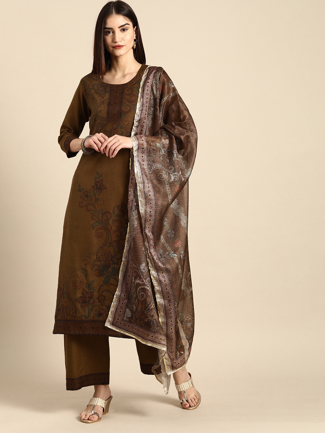 

Anouk Women Brown Floral Printed Regular Kurta with Palazzos & With Dupatta
