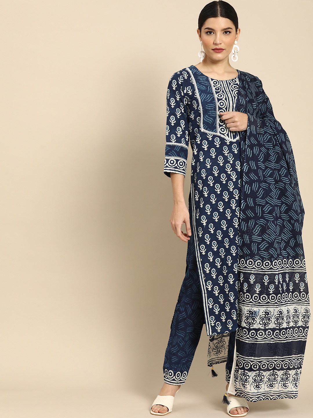 

Anouk Women Blue Tribal Printed Regular Pure Cotton Kurta with Trousers & Dupatta