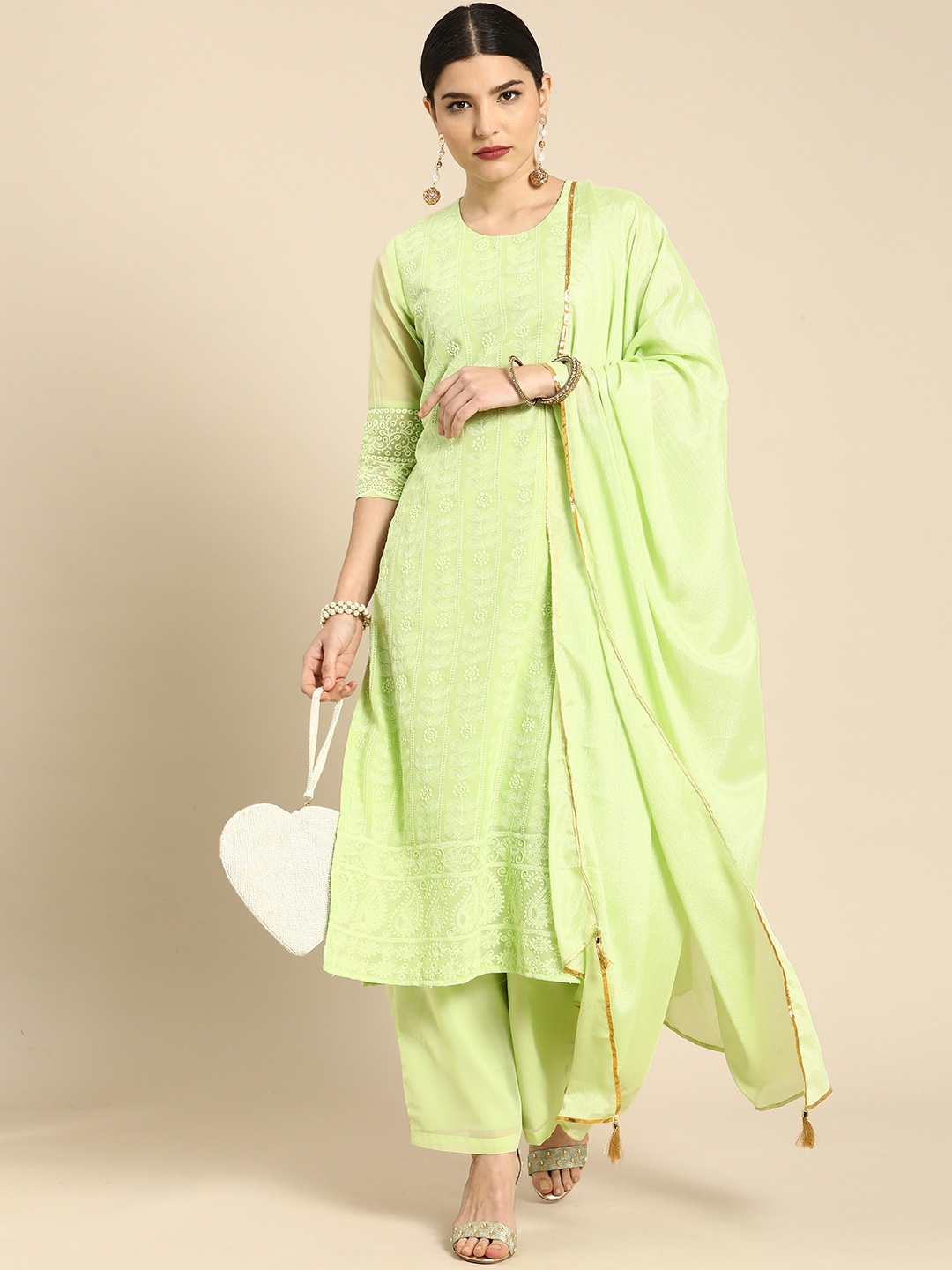 

Anouk Women Green Floral Regular Chikankari Kurta with Palazzos & With Dupatta