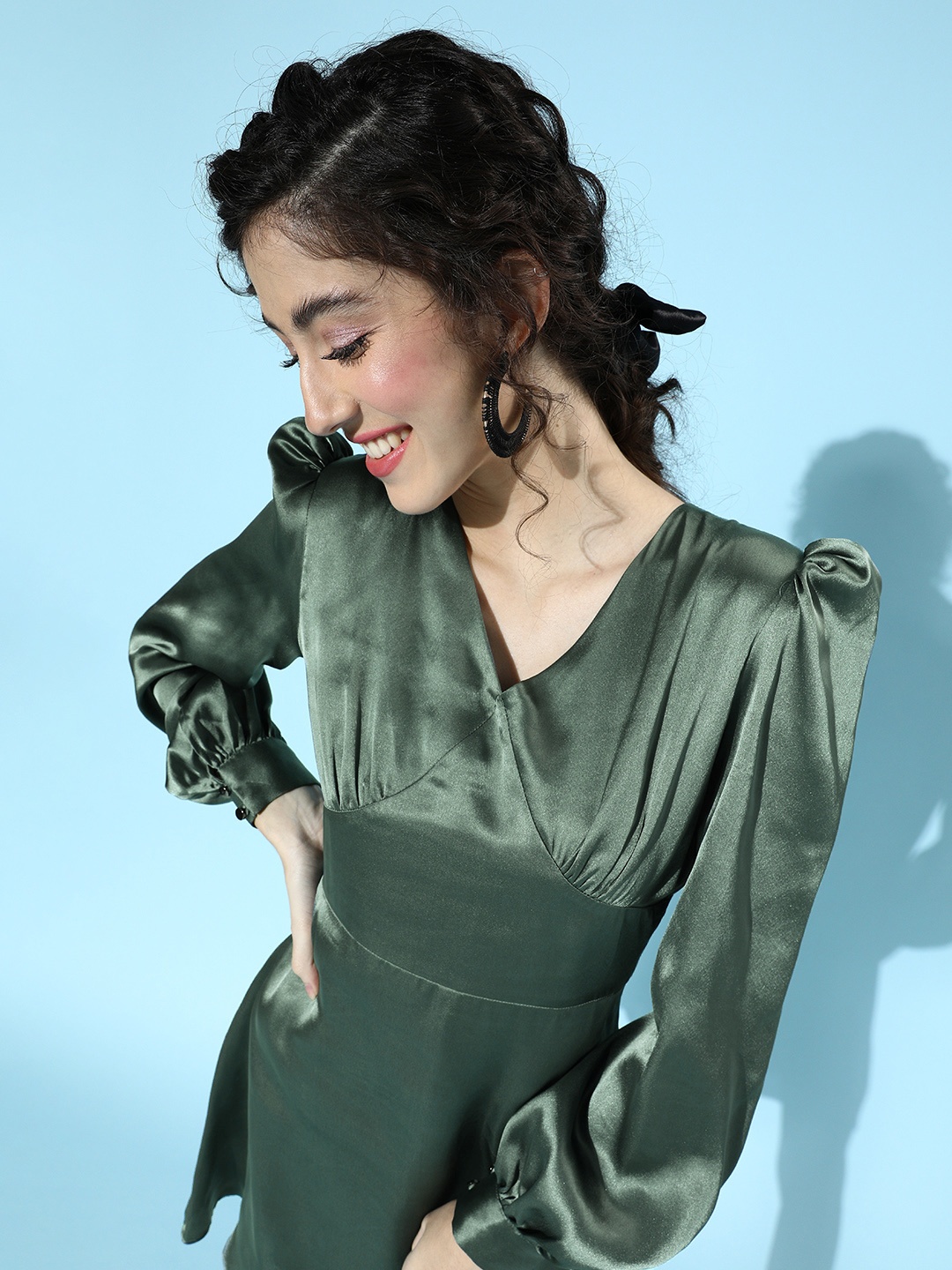 

MISH Gorgeous Green Solid Bishop Sleeves Dress
