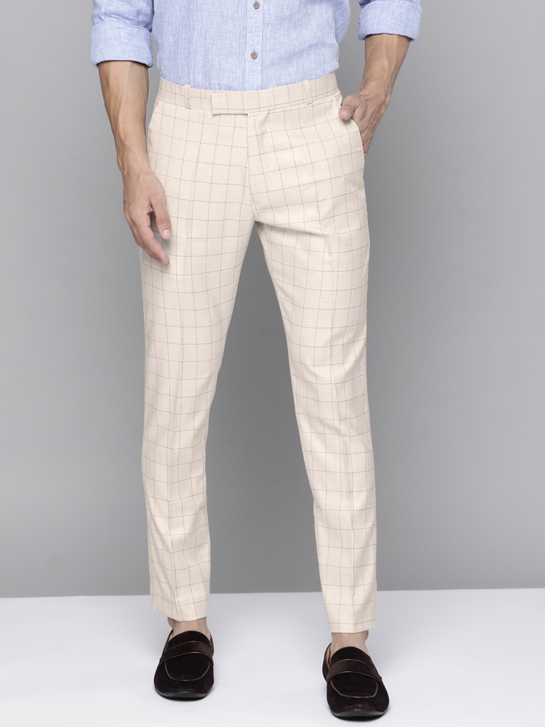 

DENNISON Men Beige Checked Smart Tapered Fit Trousers