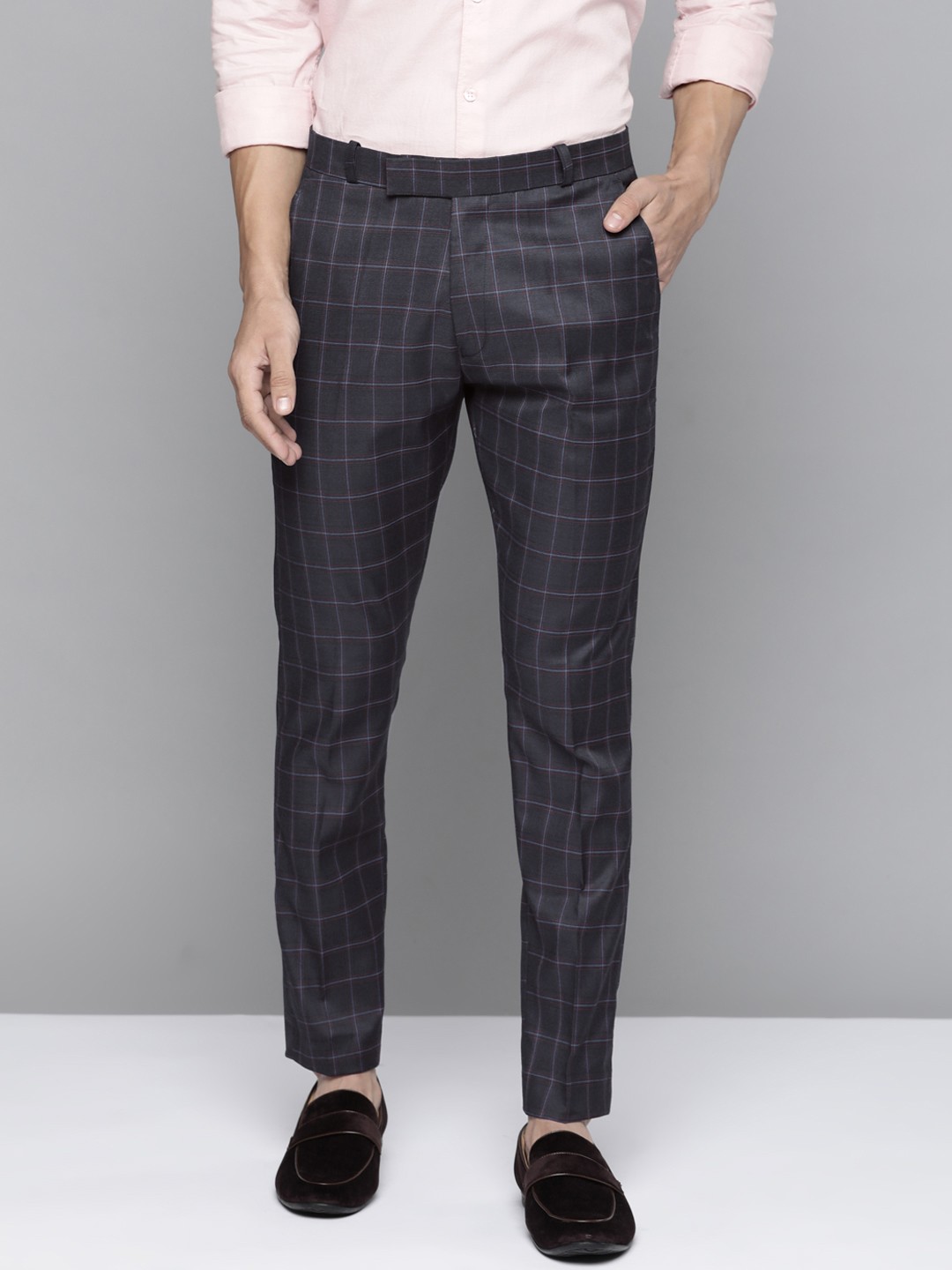 

DENNISON Men Navy Blue Checked Smart Tapered Fit Trousers
