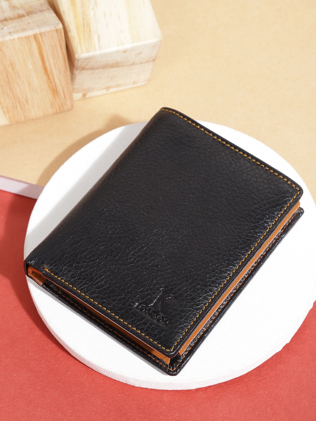 

K London Men Black & Tan Textured Leather Two Fold Wallet