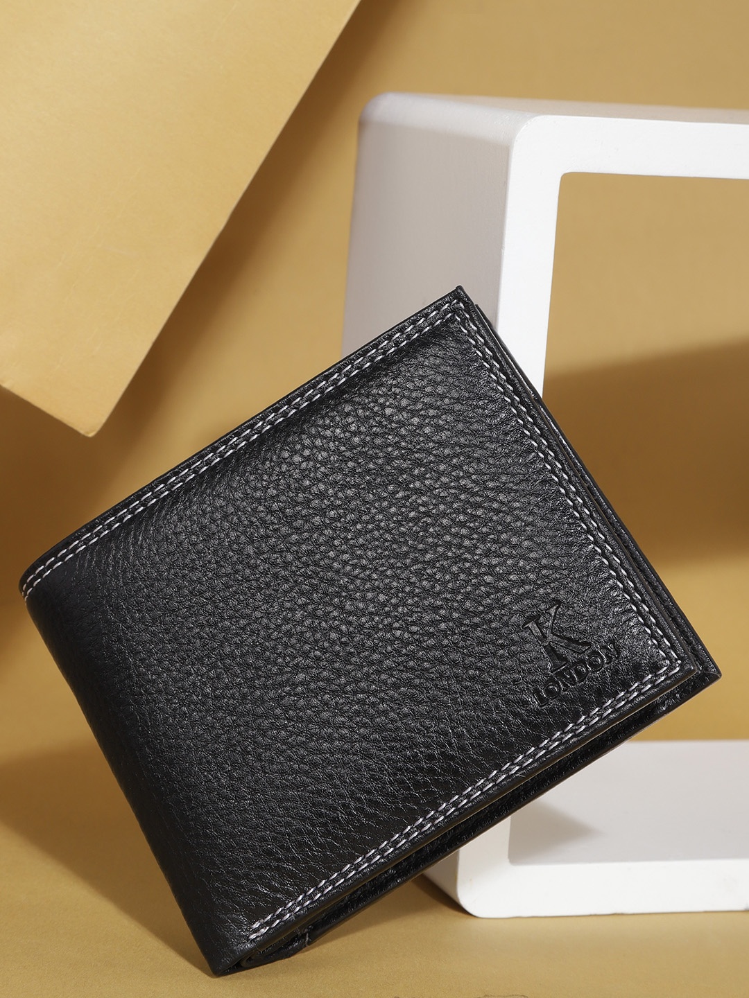

K London Men Black Textured Leather Two Fold Wallet