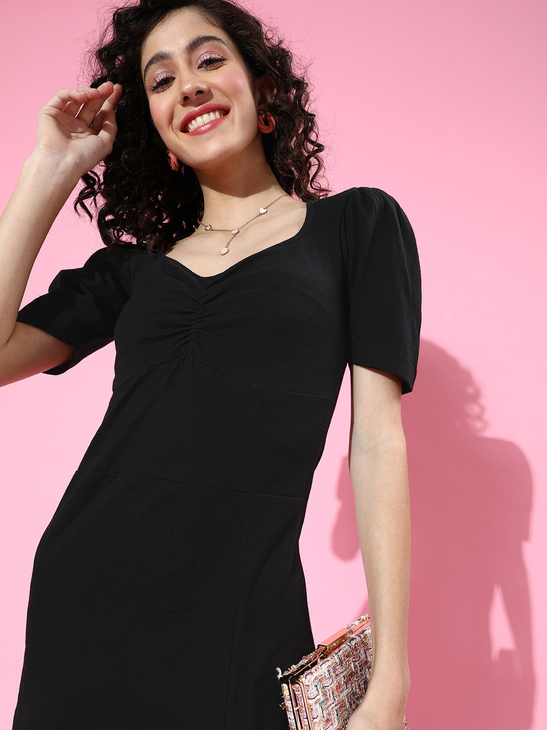

SCORPIUS Women Stylish Black Solid Sweetheart Neck Dress