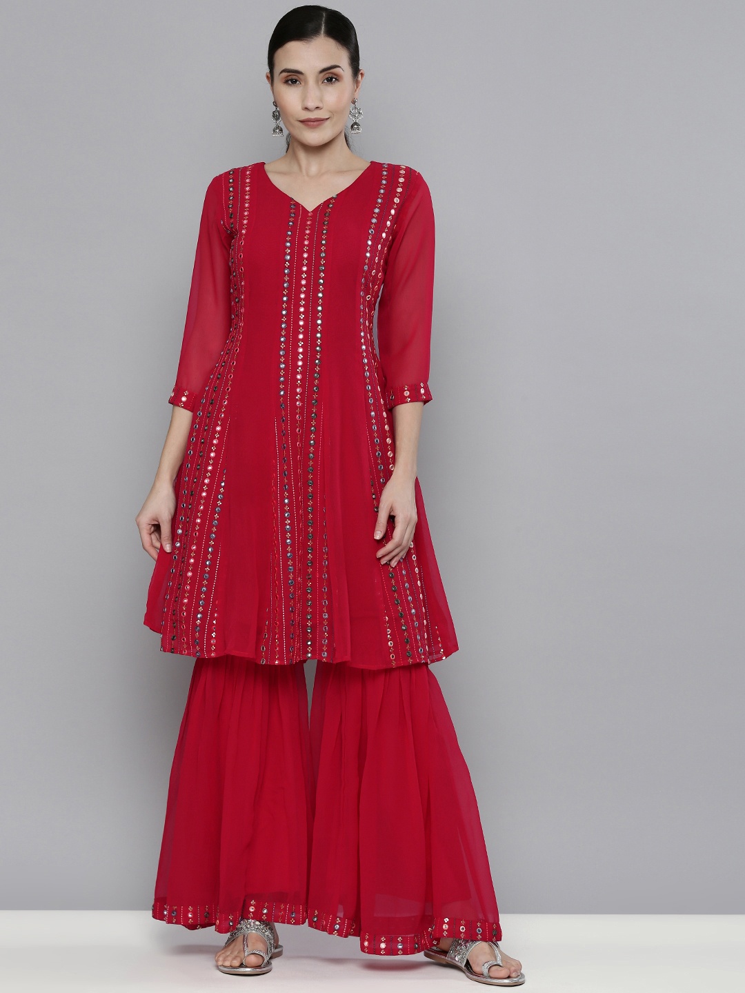 

Kvsfab Women Red Mirror Work & Embroidered Kurta with Sharara
