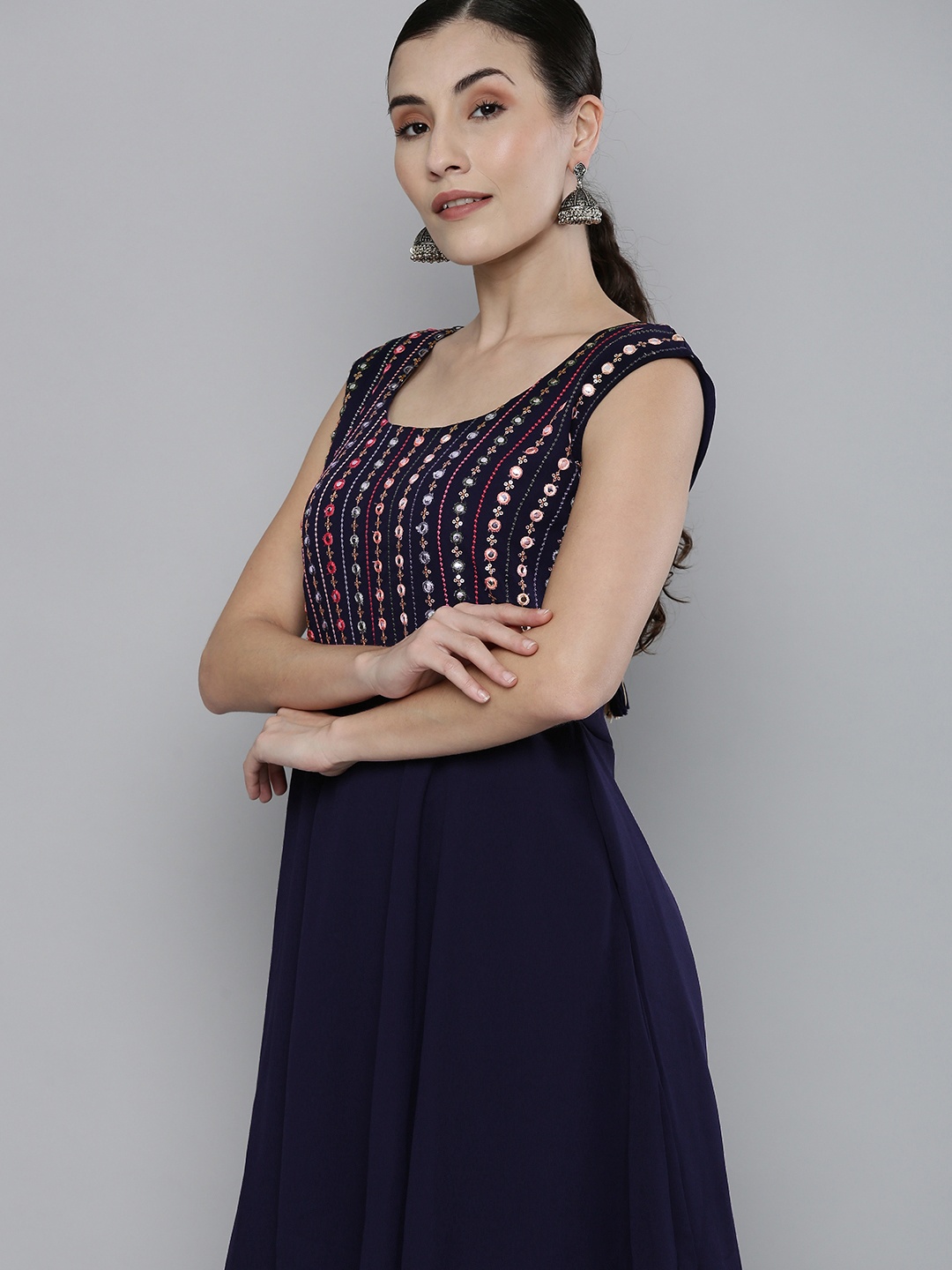 Kvsfab Women Navy Blue & Pink Mirror Work & Embroidered Sleeveless Kurta with Sharara