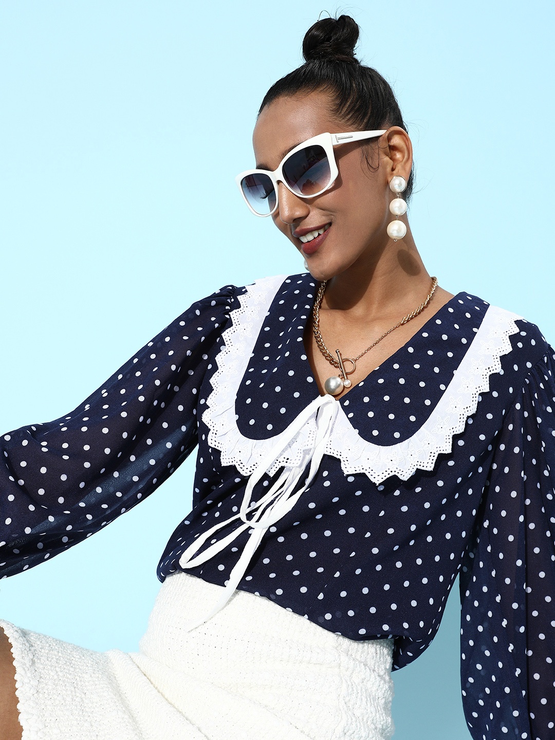 

QUIERO Women Navy Blue Classic Opaque Printed Above The Keyboard Collar Casual Shirt