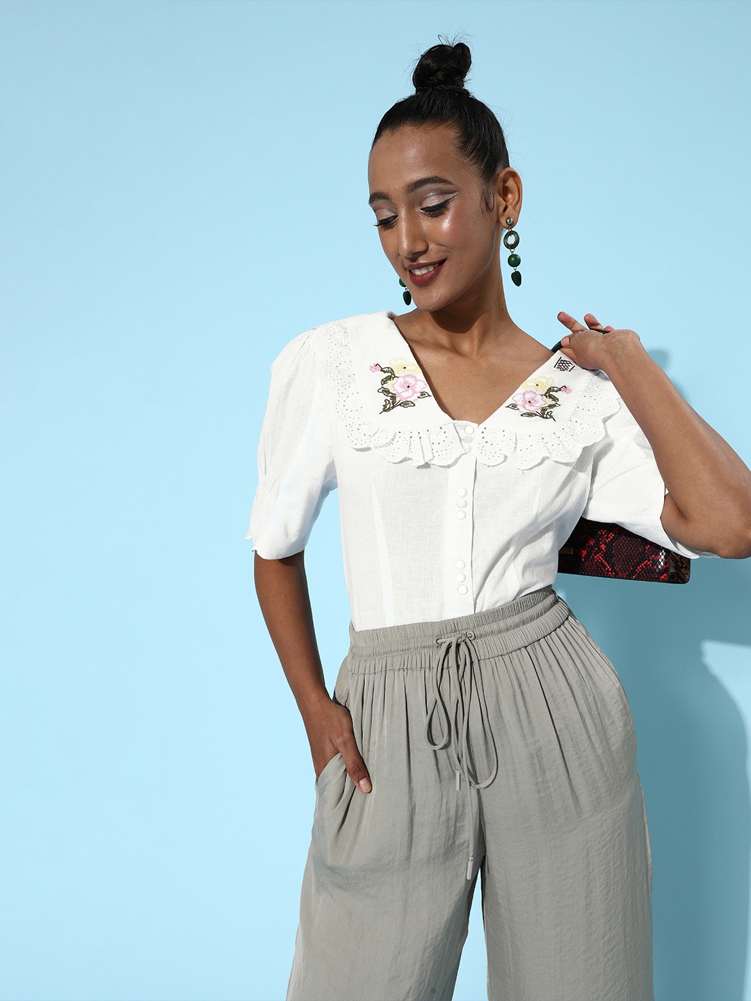 

QUIERO Women Blue Floral Opaque Printed Above The Keyboard Collar Casual Shirt
