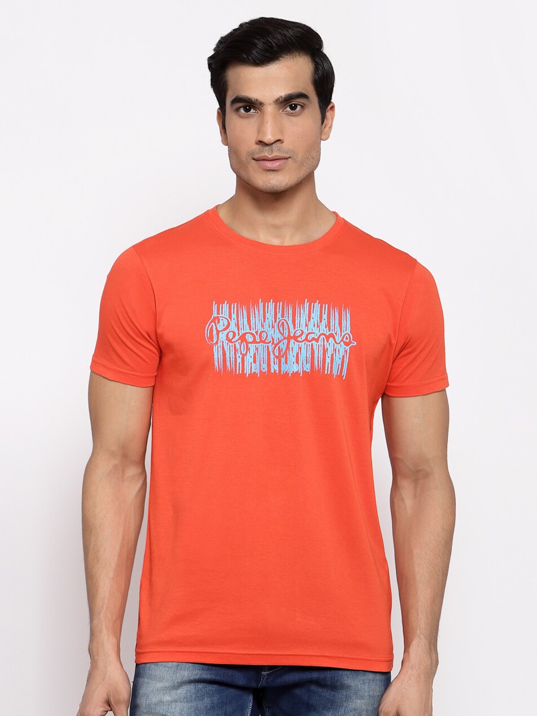 

Pepe Jeans Men Orange Brand Logo Printed Cotton T-shirt