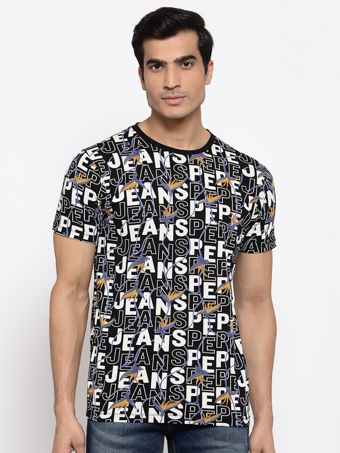 

Pepe Jeans Men Black White Typography Printed Pure Cotton T-shirt