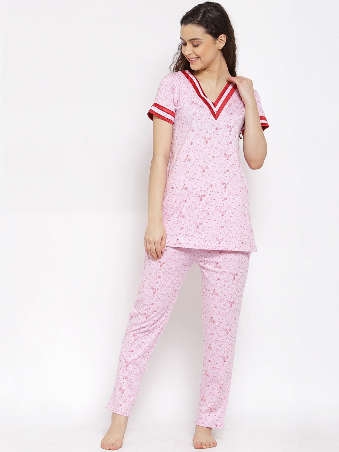 

Fasense Women Pink Printed Top & Pyjama Set