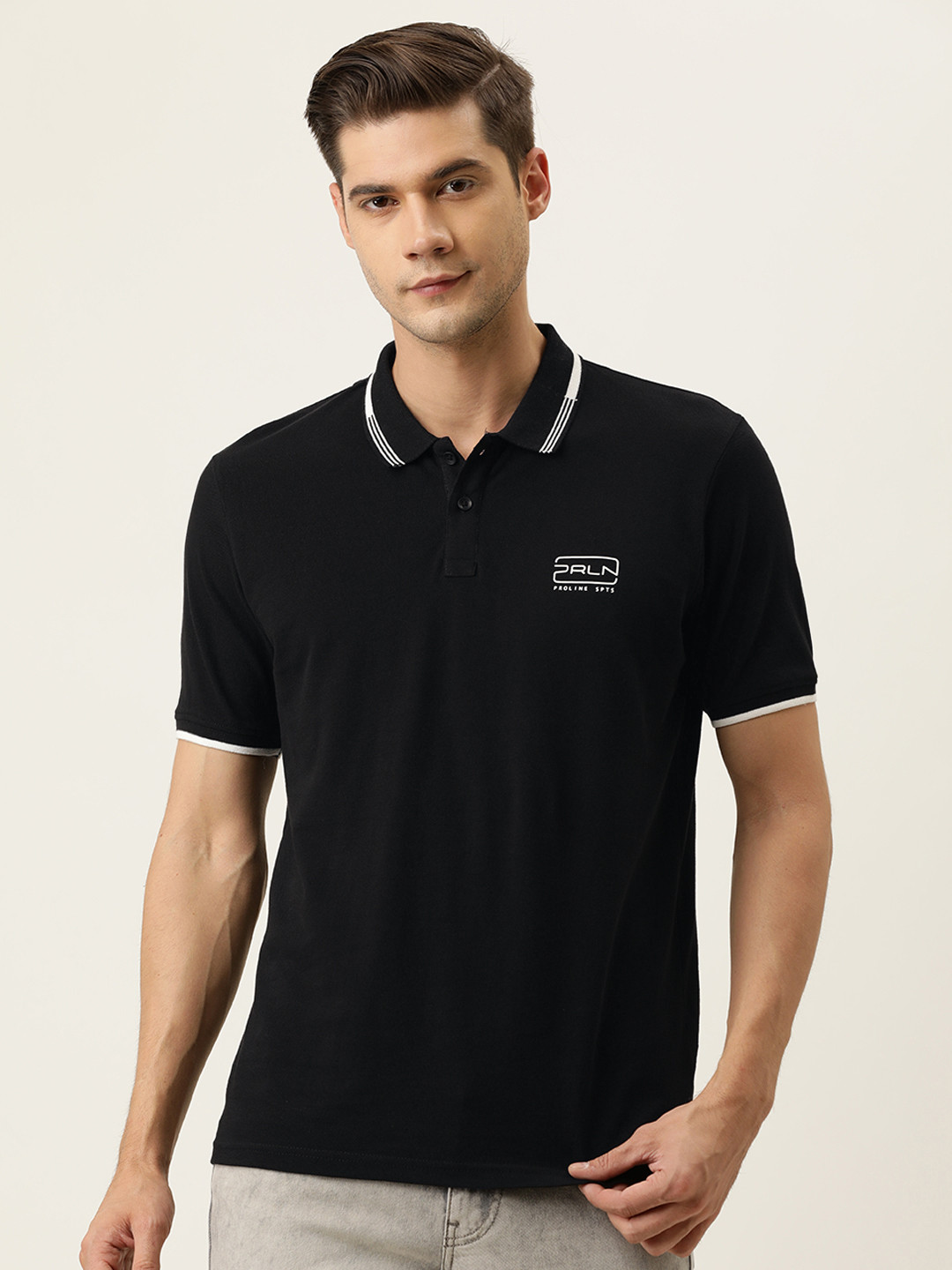 

Proline Active Men Black Brand Logo Printed Polo Collar Slim Fit Pure Cotton T-shirt
