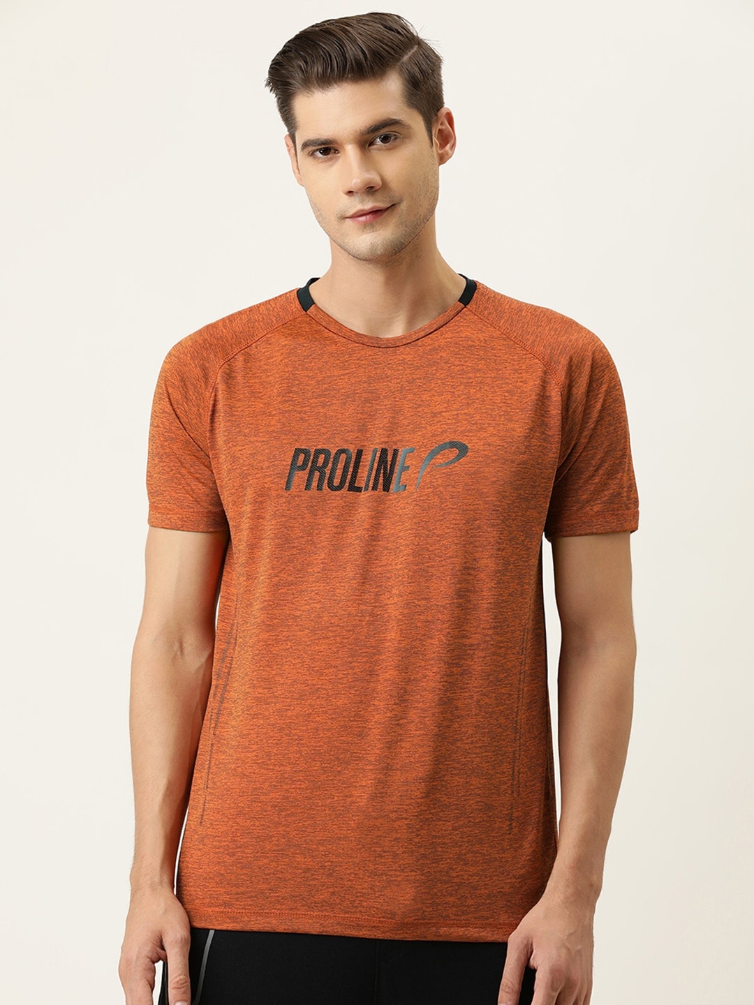 

Proline Active Men Orange & Black Brand Logo Printed T-shirt