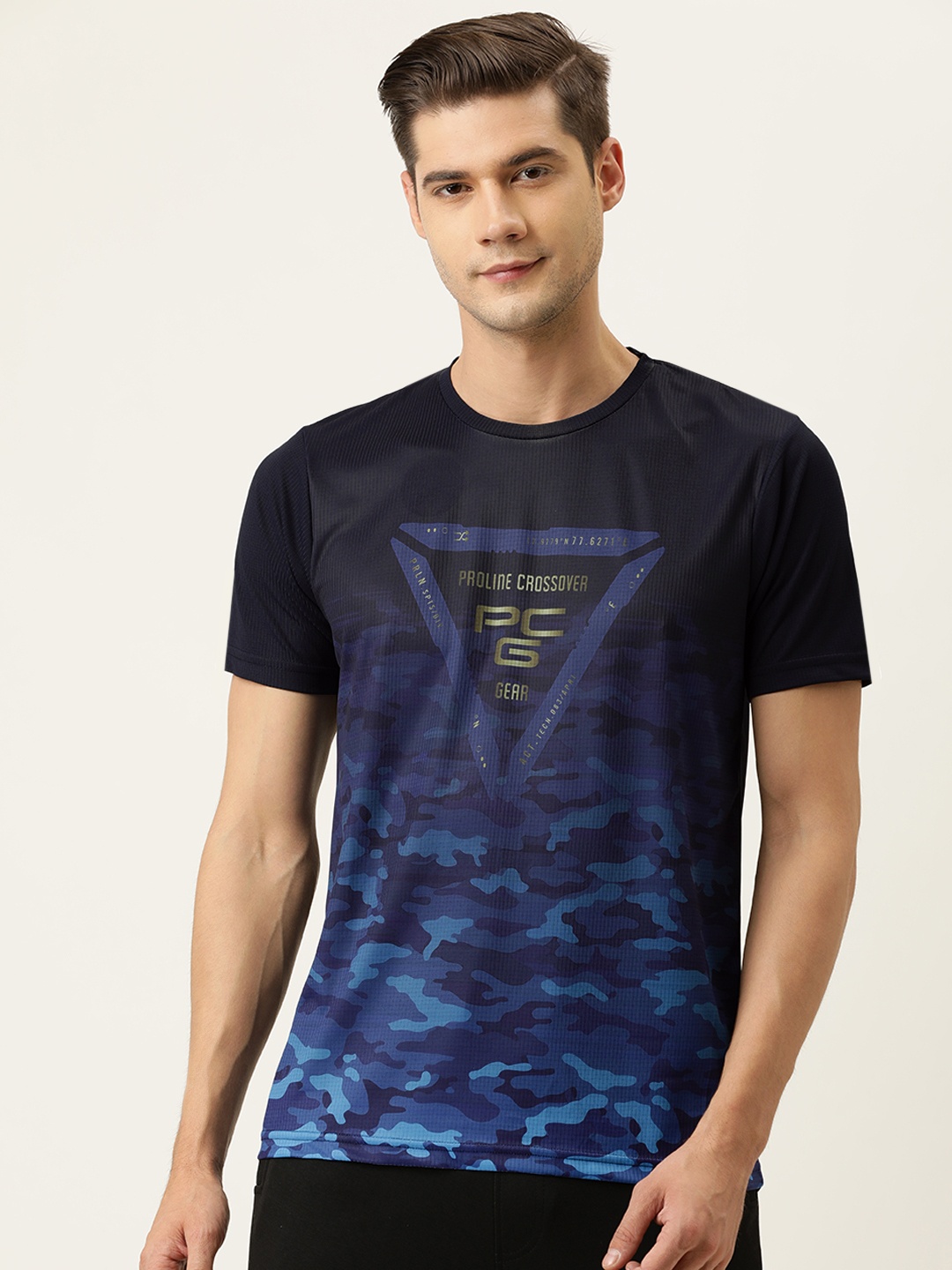 

Proline Active Men Navy Blue & Blue Camouflage Printed Slim Fit T-shirt
