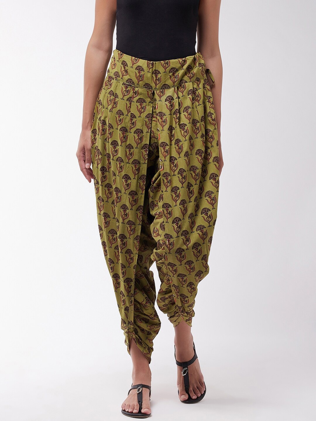 

InWeave Women Olive-Green & Brown Printed Cotton Dhoti Pants