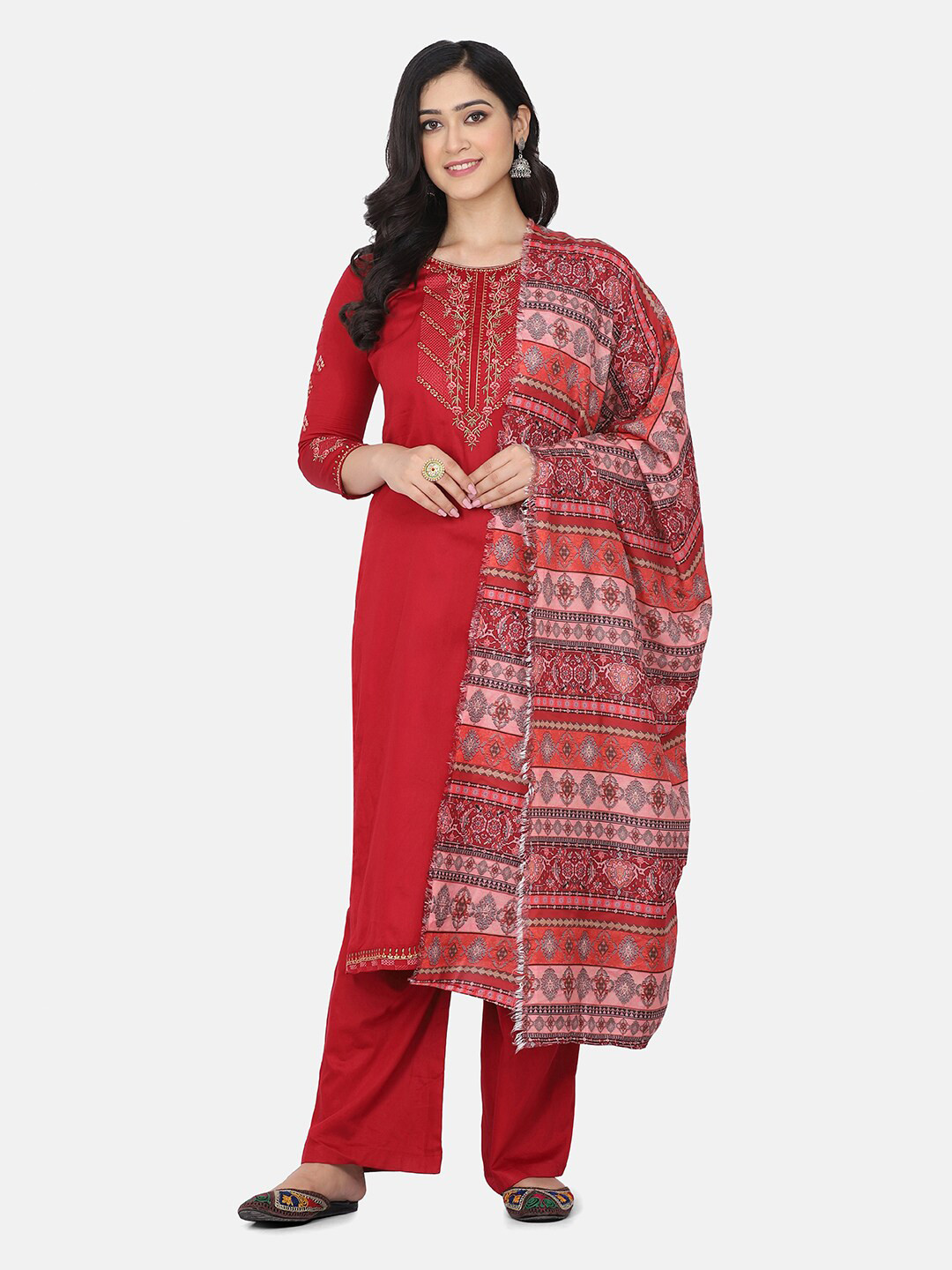 

Shaily Maroon & Gold-Toned Embroidered Unstitched Dress Material