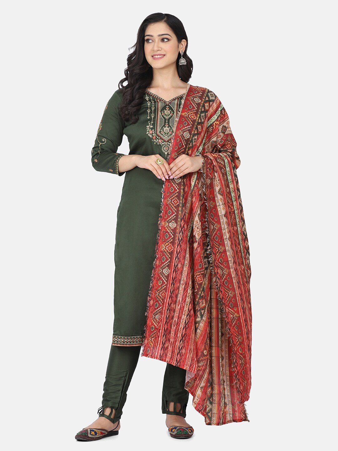 

Shaily Green & Red Embroidered Unstitched Dress Material