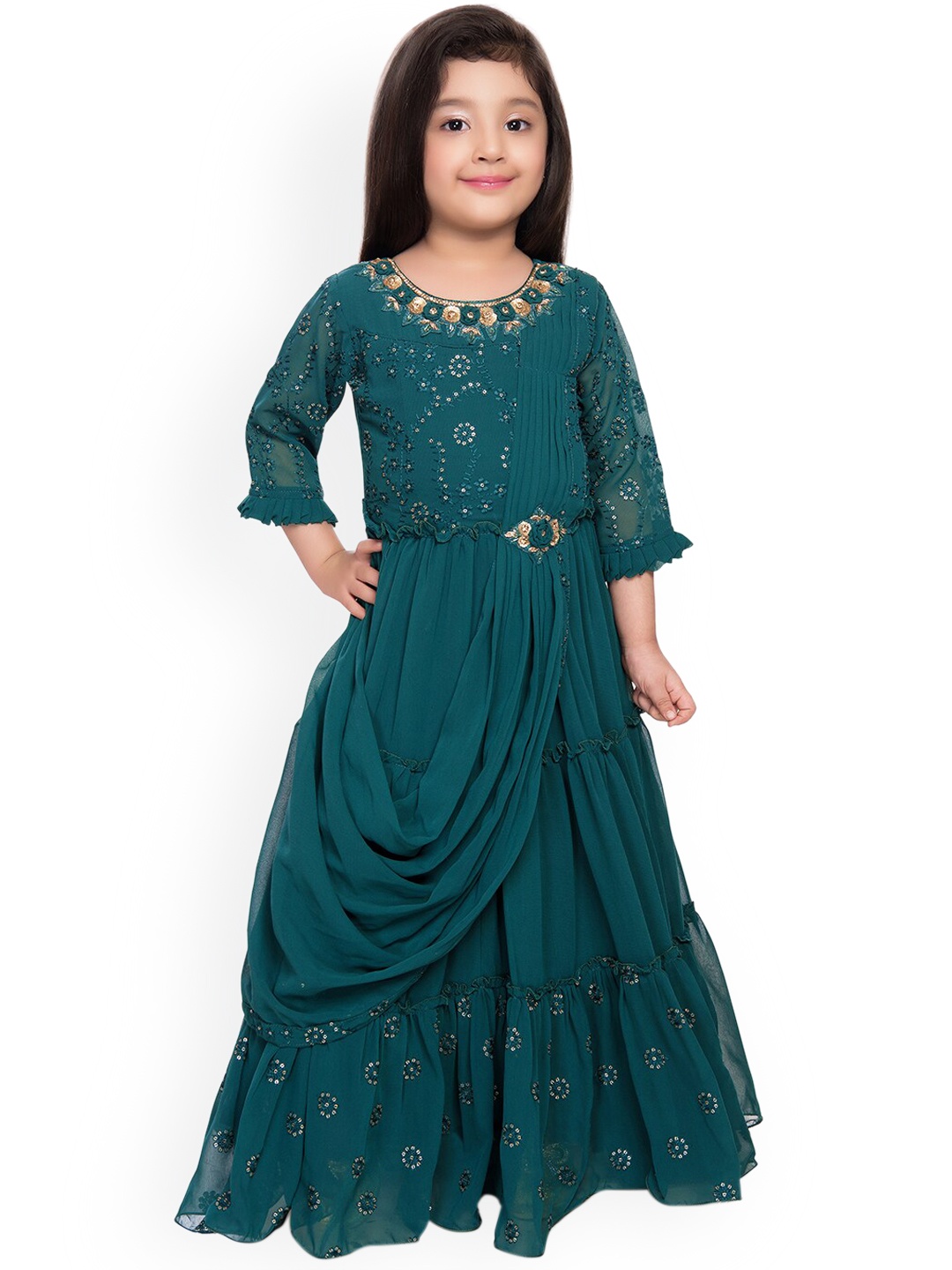 

BETTY Girls Green Embellished Lace Saree Style Gown Dress