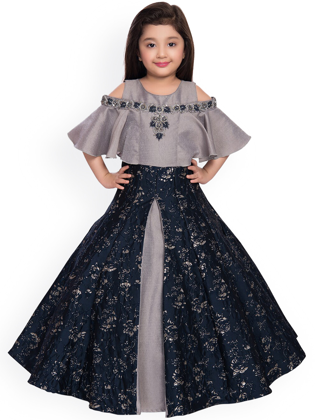 

BETTY Girls Grey and Black Floral Embellished Jacquard Gown Dress