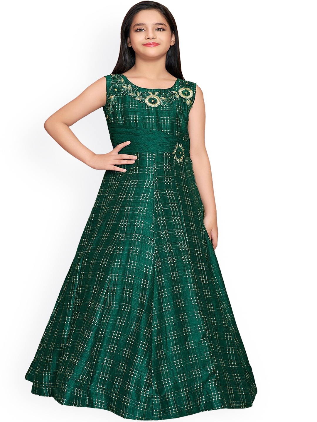 

BETTY Girls Green & Gold Toned Printed Panelled Georgette Gown Dress