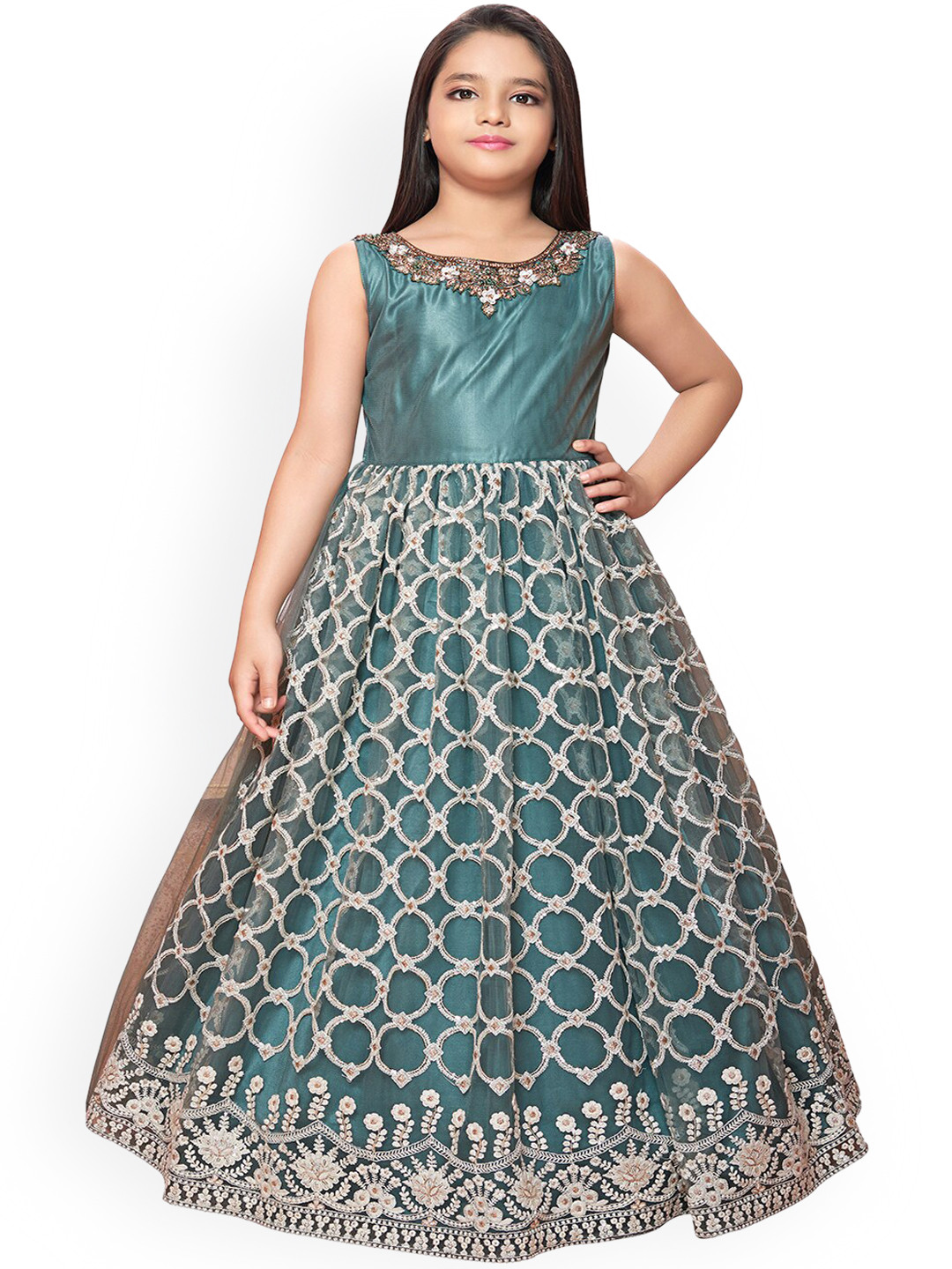 

BETTY Girls Turquoise Blue Embellished Lace Gown Dress