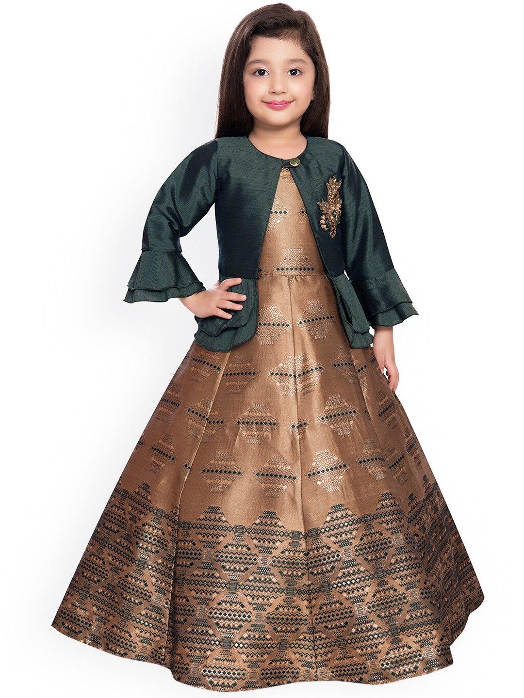 

BETTY Girls Gold Toned and Green Geometric Printed Jacquard Gown Dress with Jacket