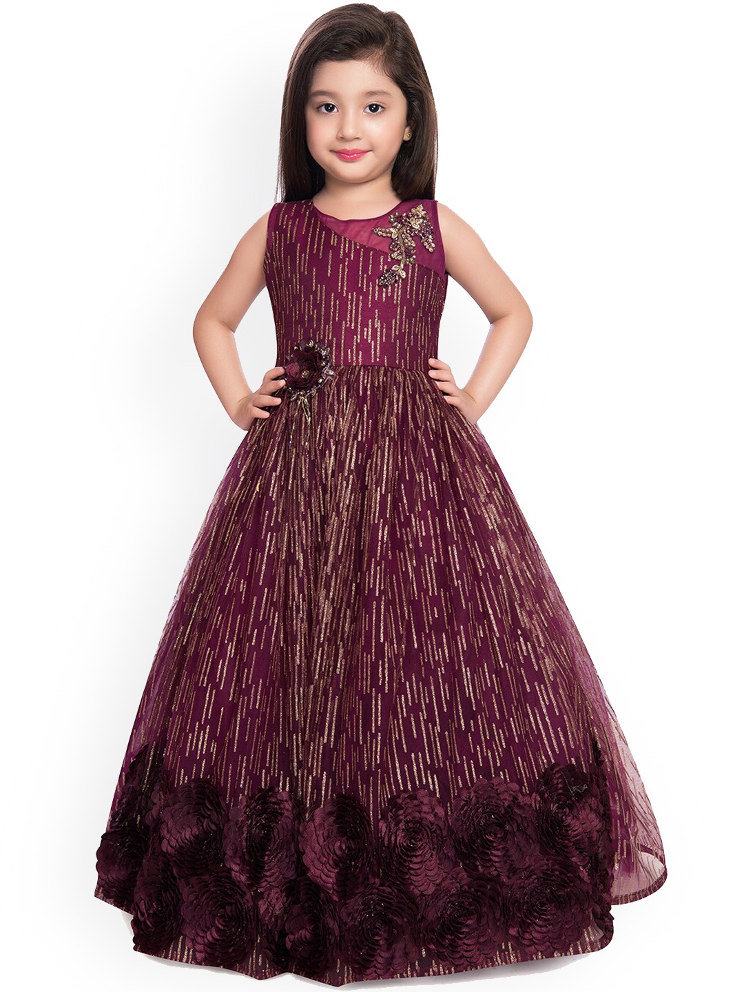 

BETTY Girls Burgundy and Gold Toned Embellished Lace Gown Dress