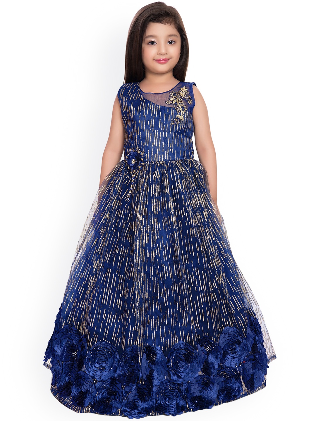 

BETTY Girls Blue and Gold Toned Embellished Lace Gown Dress