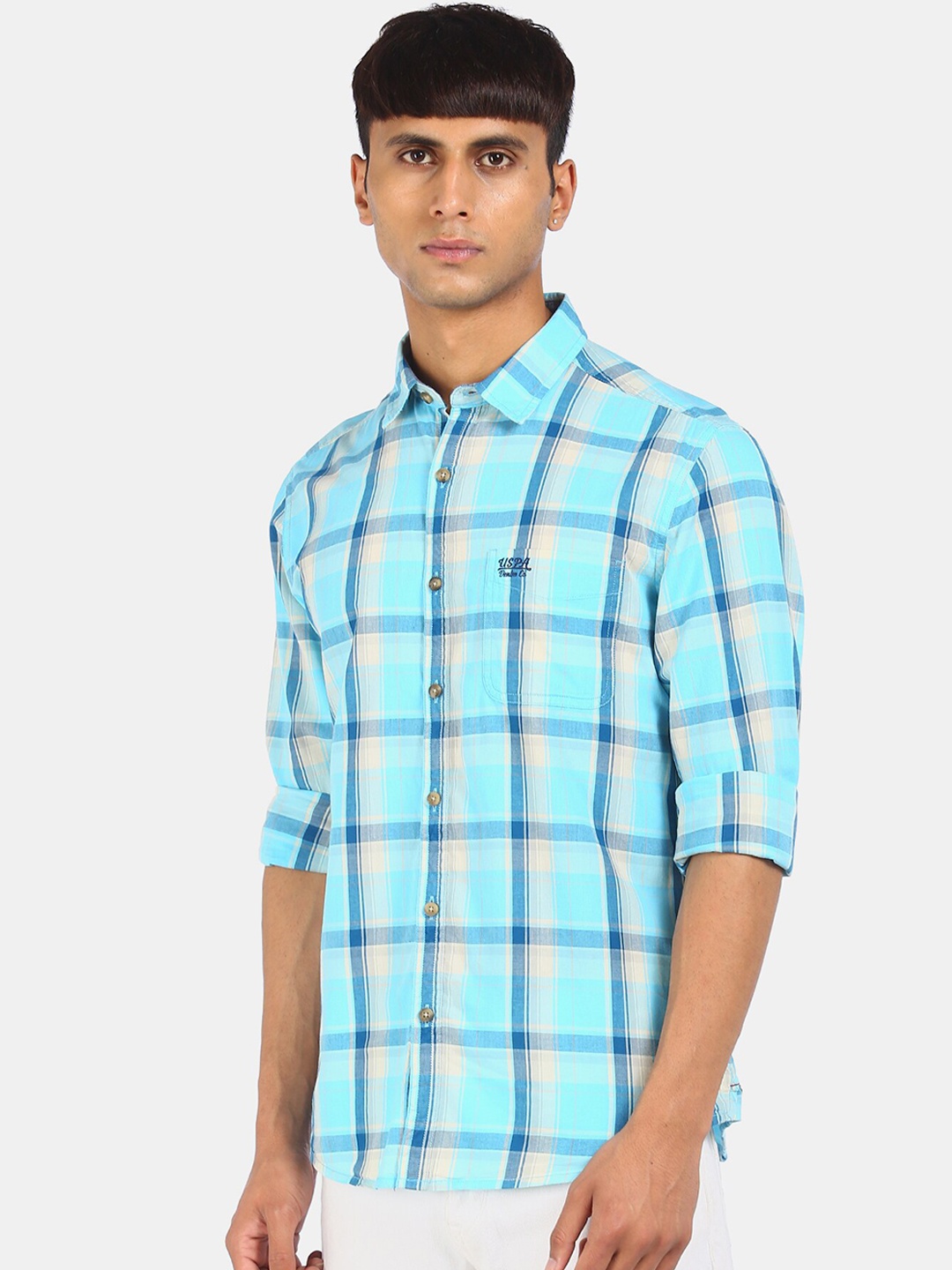 

U.S. Polo Assn. Denim Co. Men Blue Windowpane Checks Opaque Checked Casual Shirt