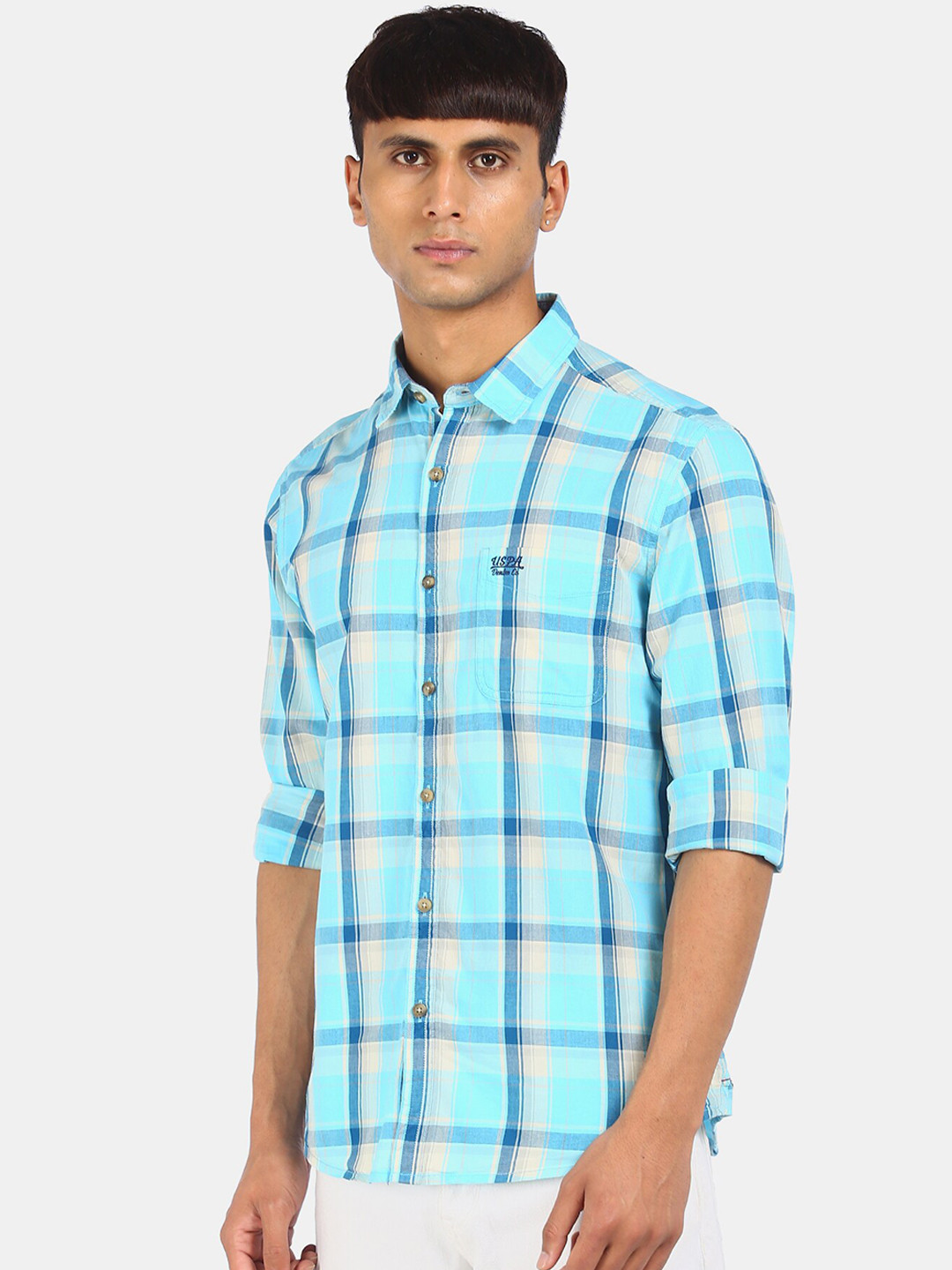 

U.S. Polo Assn. Denim Co. Men Blue Tartan Checks Opaque Checked Casual Shirt