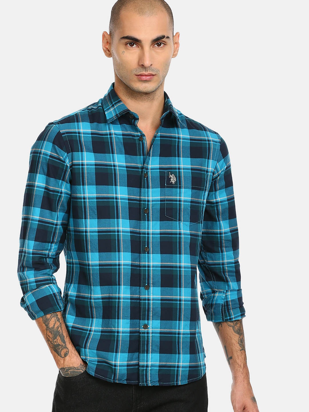 

U S Polo Assn Men Blue Tartan Checks Opaque Checked Casual Shirt