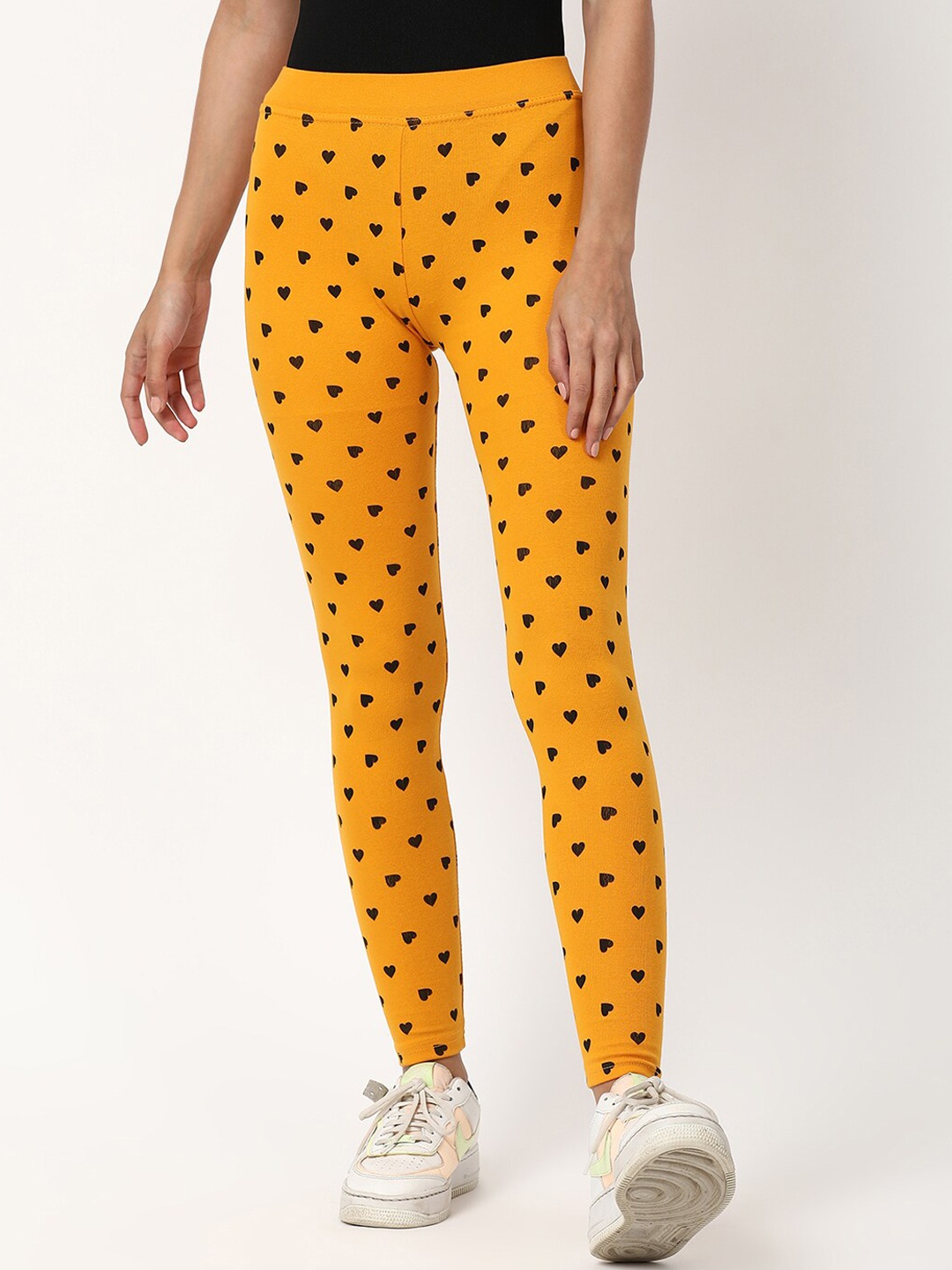 

V2 Value & Variety Women Mustard Yellow & Black Printed Ankle-Length Cotton Leggings