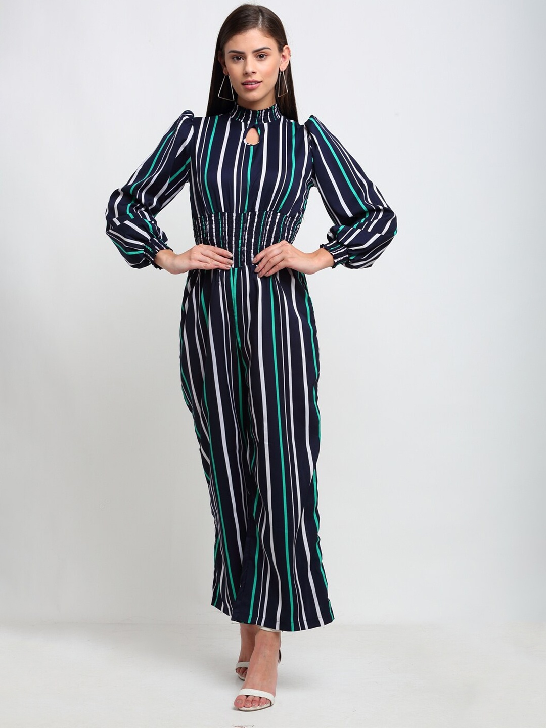 

emeros Navy Blue & White Striped Basic Jumpsuit
