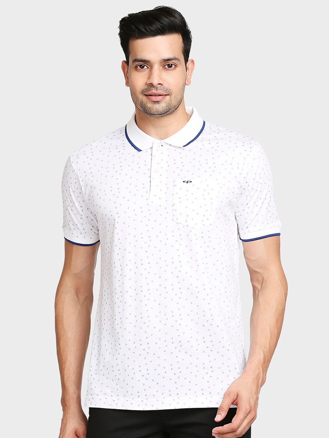 

ColorPlus Men White Ditsy Printed Polo Collar Slim Fit T-shirt