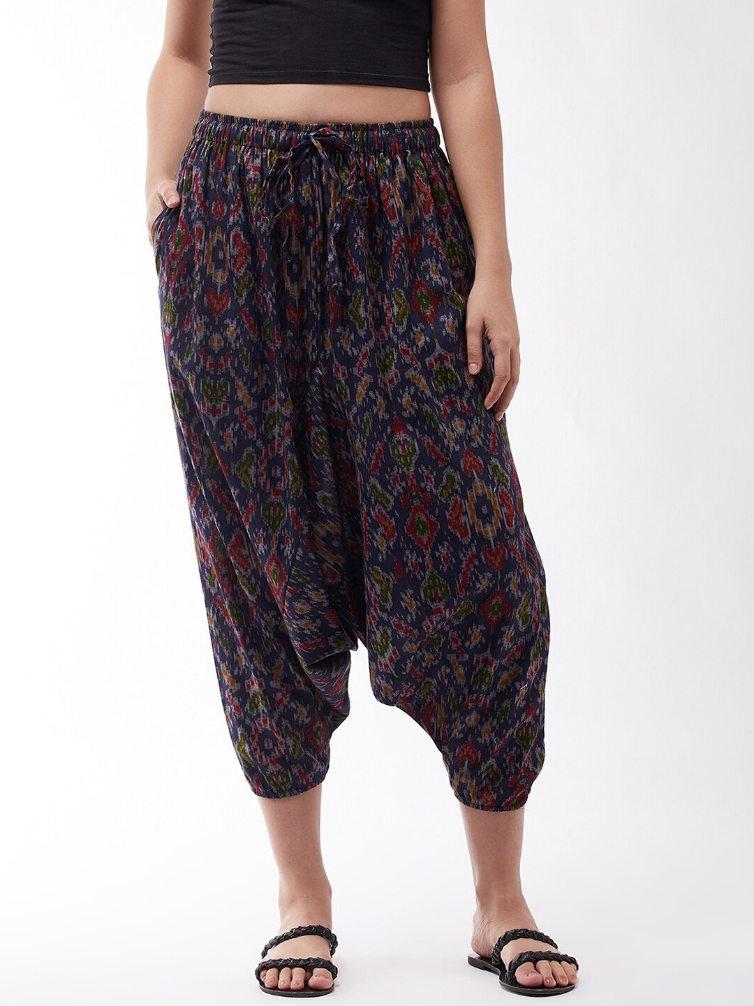 

InWeave Women Blue & Red Ikkat Printed Cotton Cropped Harem Pants