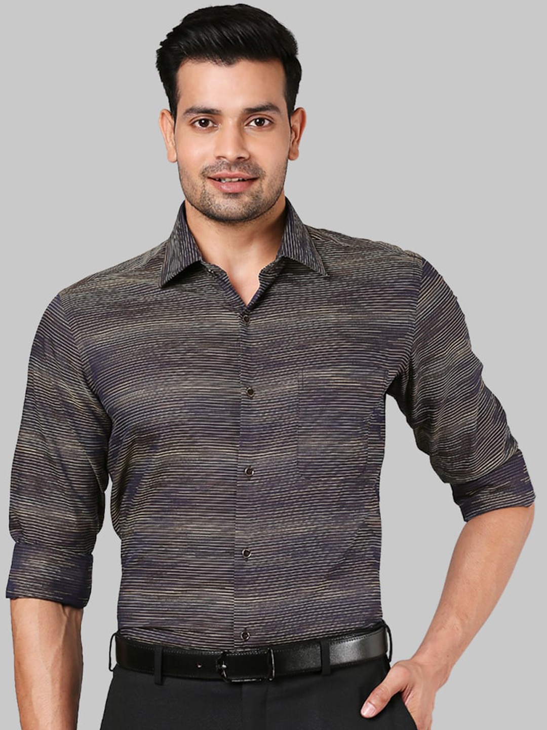 

Raymond Men Brown Horizontal Stripes Opaque Striped Casual Shirt