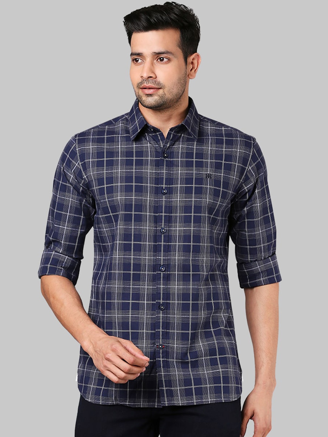 

Raymond Men Blue Slim Fit Opaque Checked Casual Shirt