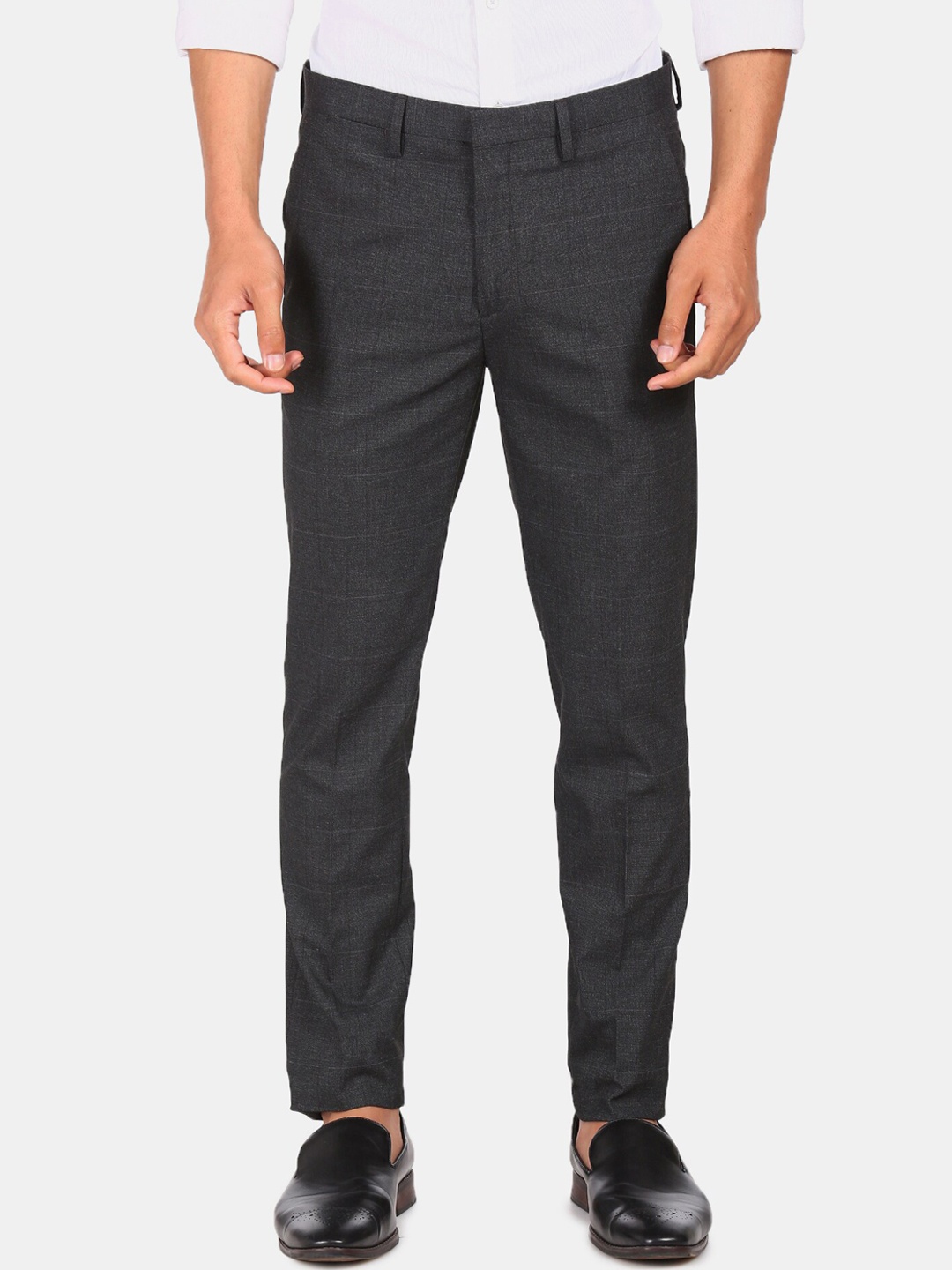 

Arrow New York Men Charcoal Grey & Off White Checked Formal Trousers