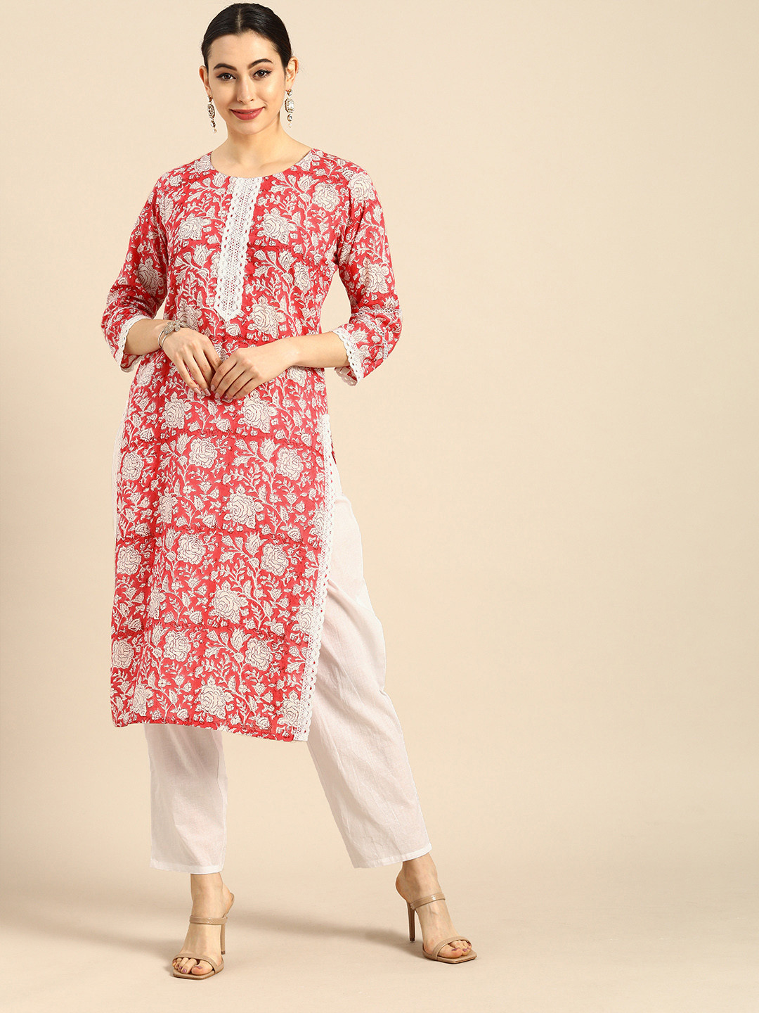 

Anouk Women Pink Floral Printed Regular Pure Cotton Kurta with Trousers