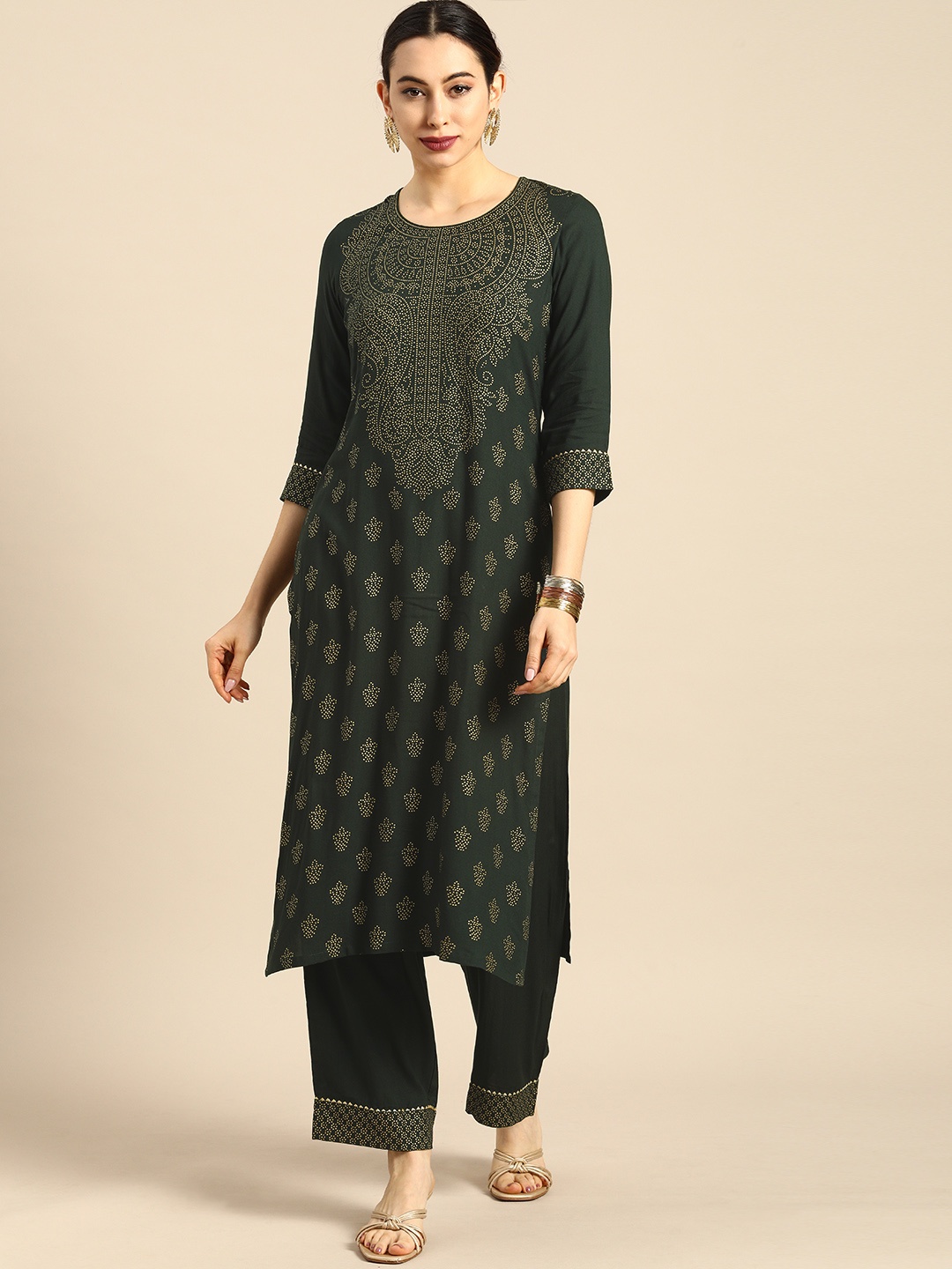 

Anouk Women Green Paisley Printed Regular Kurta with Trousers