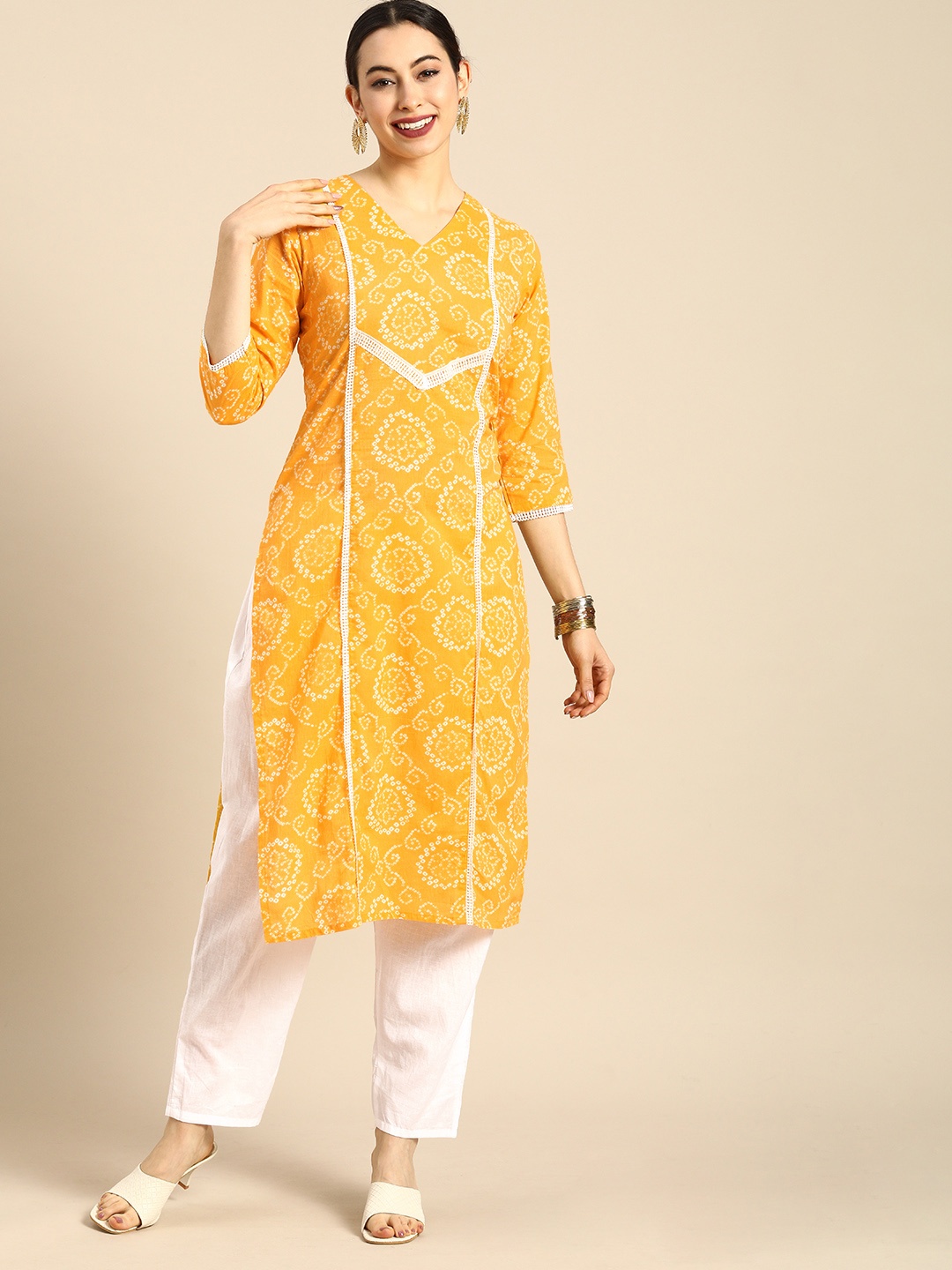 

Anouk Women Yellow Bandhani Printed Regular Pure Cotton Kurta with Trousers