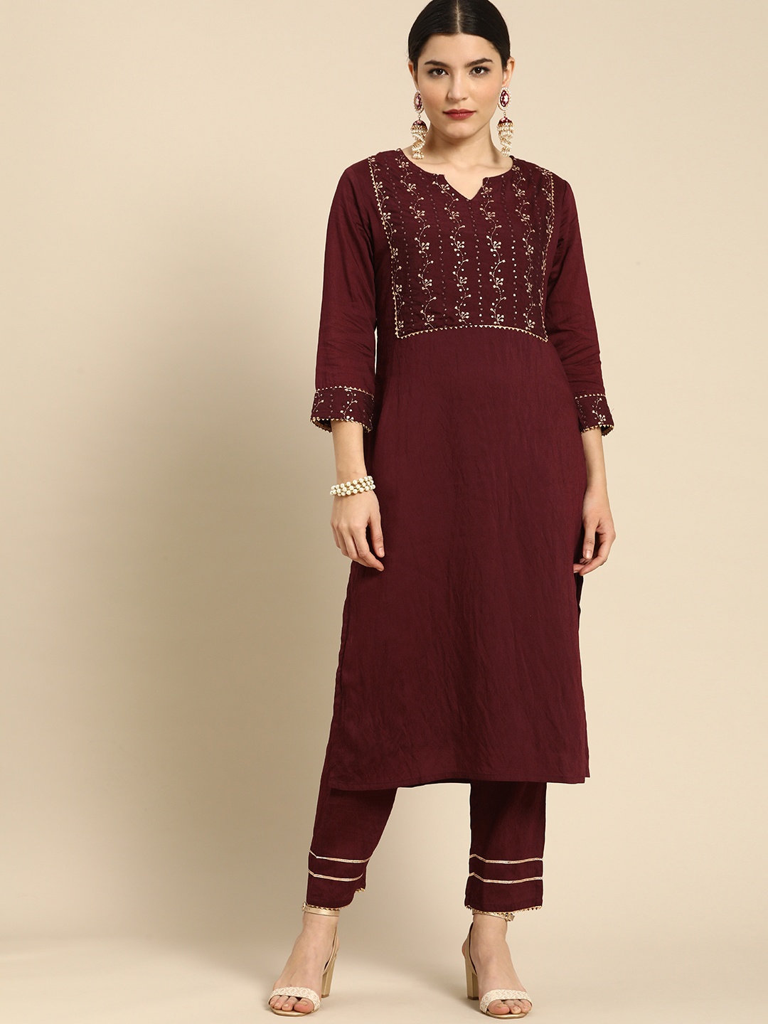 

Anouk Women Burgundy Embroidered Sequinned Kurta with Trousers